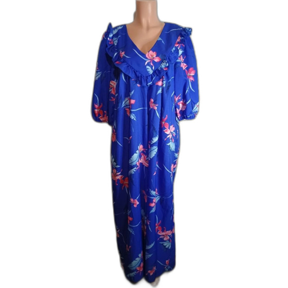 Vintage Island Fashions Made In Honolulu Hawaii Floral Blue Maxi Dress Size 18 - Picture 1 of 3